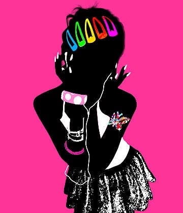 A stylized silhouette illustration of a person posing against a bright hot pink background. The figure is entirely black with colorful accents, including rainbow hair clips, a pink choker, stacked bracelets, long white-painted nails, and a star-shaped sticker on their shoulder. They wear a cropped top layered under a dark jacket and a textured pleated skirt, creating a playful, alternative fashion aesthetic. The high-contrast color palette and minimal details give the artwork a bold, graphic, pop-art inspired l
