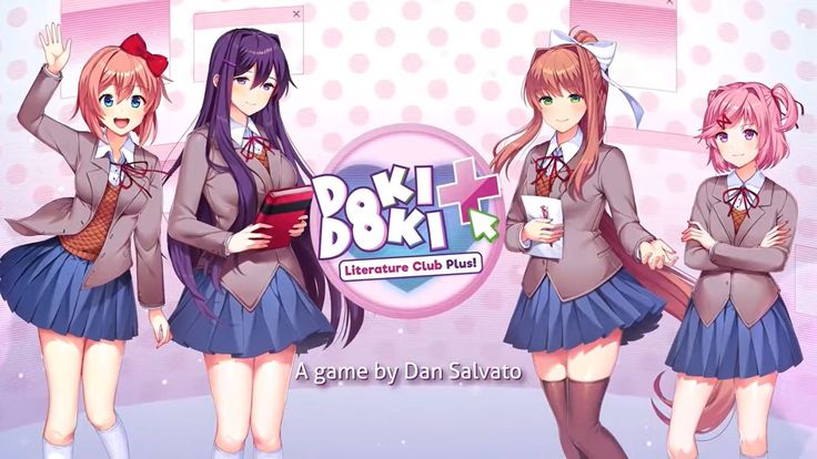 A pastel-colored promotional illustration featuring four anime-style schoolgirls standing around the Doki Doki Literature Club Plus! logo. Each character wears a matching brown school blazer, white shirt, red ribbon tie, and blue pleated skirt, while showcasing their own distinct hairstyle and personality through their poses and expressions. The background is decorated with soft pink polka dots and floating computer window graphics, creating a cute, cheerful atmosphere. The game’s title is displayed prominently in the center, with the subtitle Literature Club Plus! beneath it and the text “A game by Dan Salvato” at the bottom, completing the bright visual design.