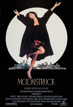 the movie poster/cover of moon struck, it has cher who has really nice big curly hair, striking a sick pose in front of the moon