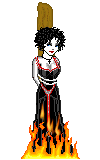 old glitter gif, of a cartoon goth lady being burned on the stick thing witches got burnt on