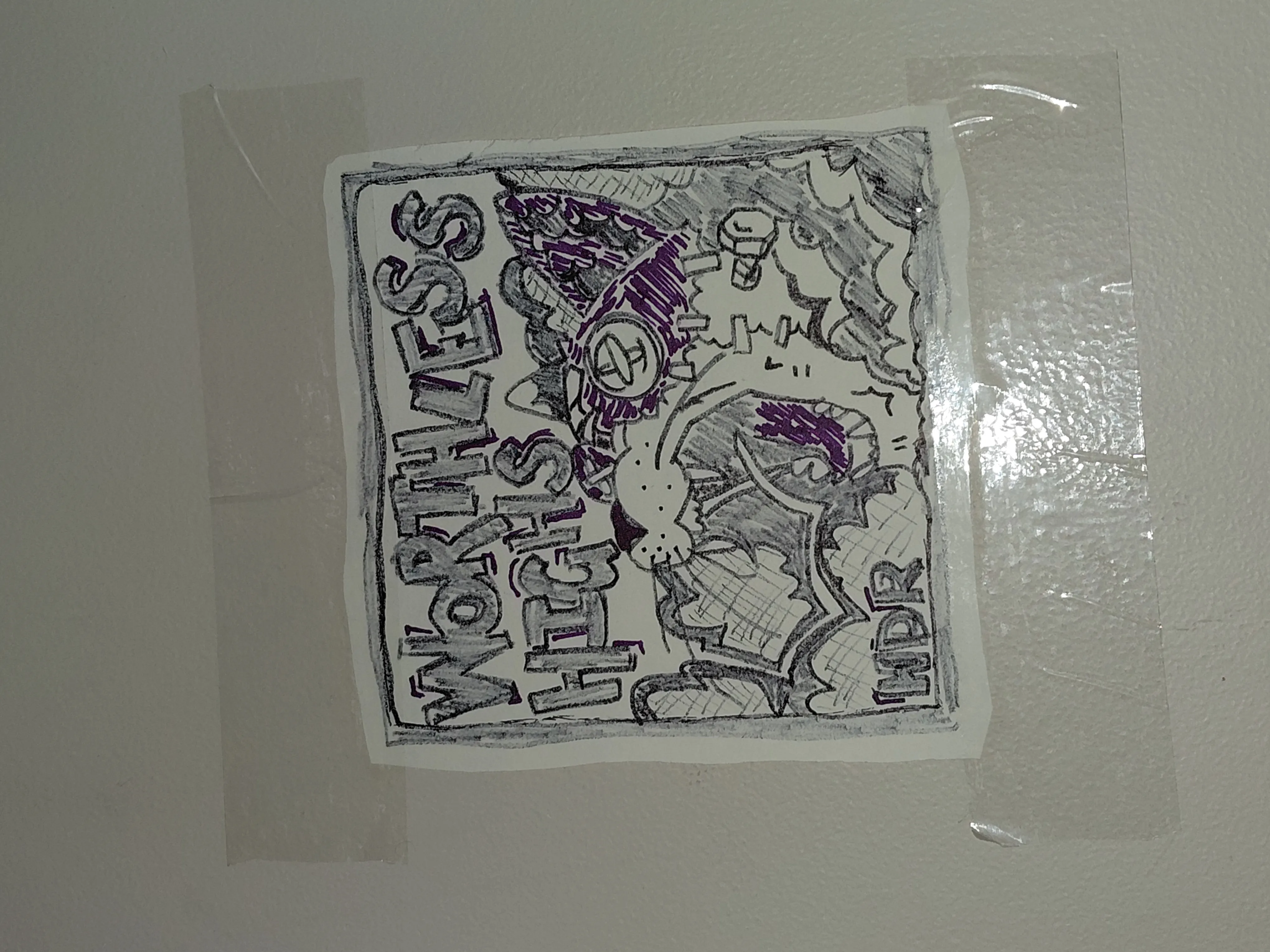 "Worthless Highs" album art taped to the wall