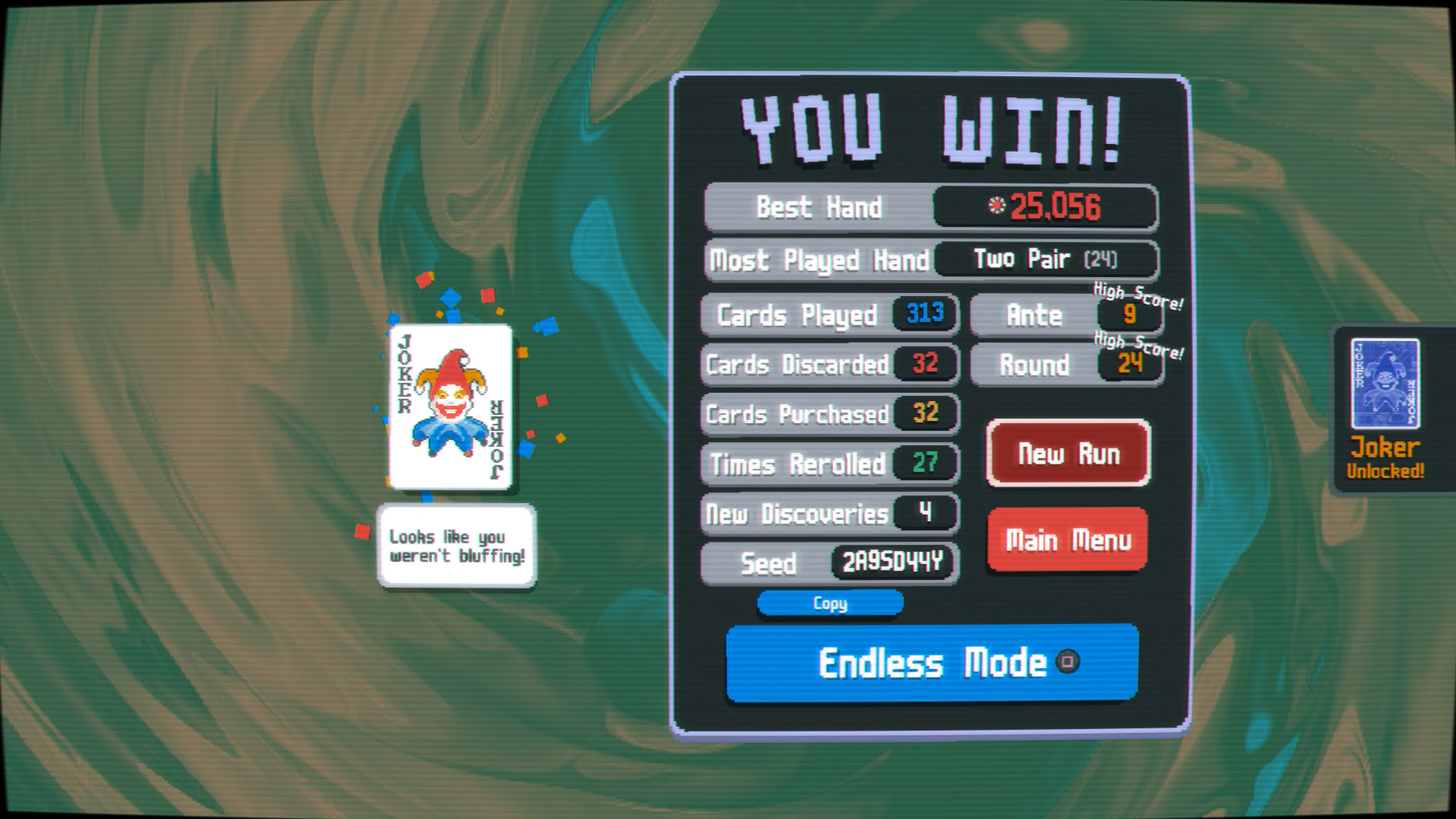 screenshot of Balatro's "You Win!" screen