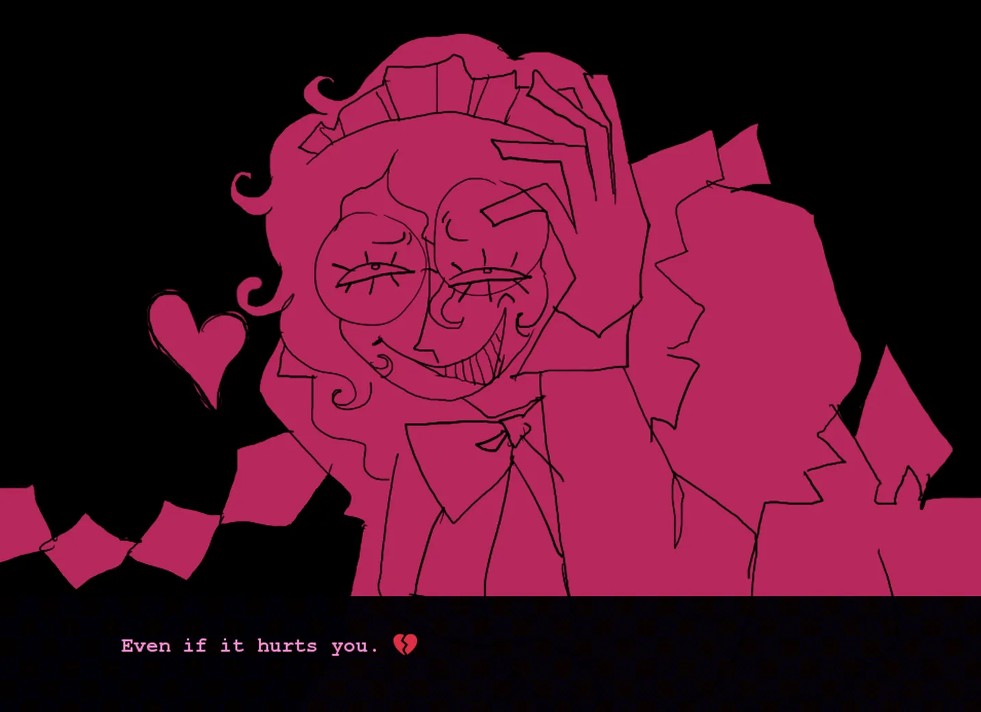 Joke from rainjoke smiling in agony/ecstacy with a text-box saying even if it hurts you 💔 at the bottom