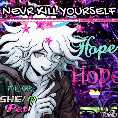 Komaeda Nagito with a transgender flag coloured halo and 3 text boxes on her jacket saying: FAIL GIRL. SHE/ITS. PET.