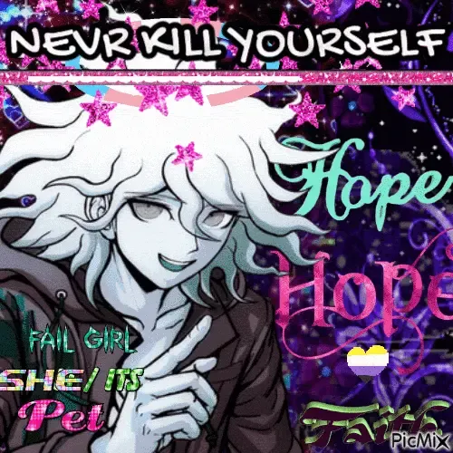 Komaeda Nagito with a transgender flag coloured halo and 3 text boxes on her jacket saying: FAIL GIRL. SHE/ITS. PET.