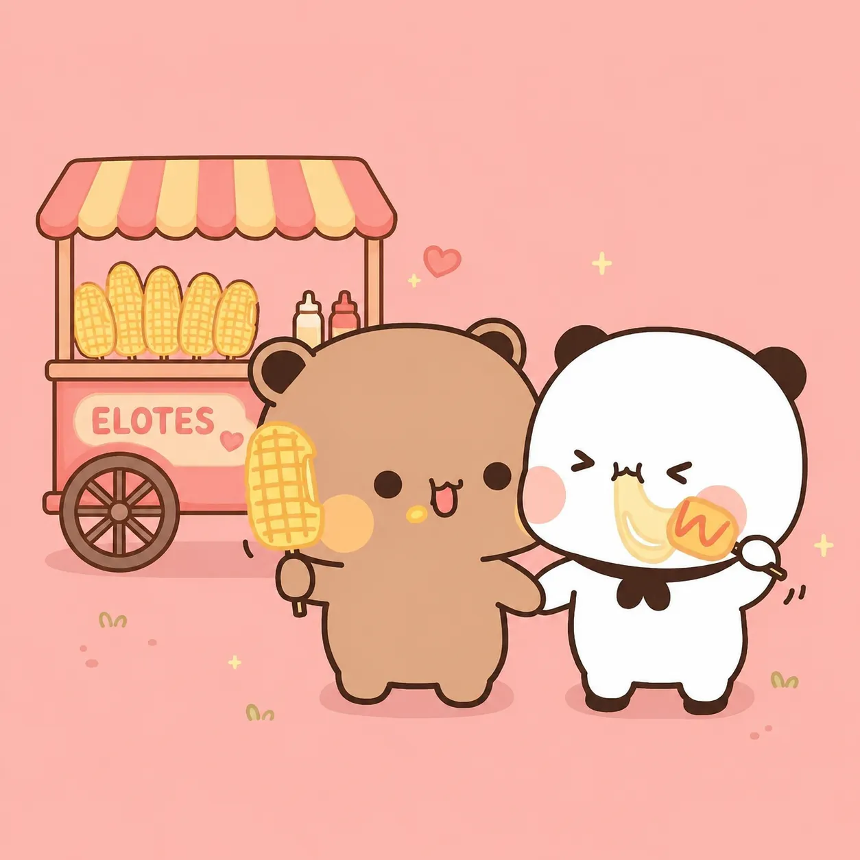 Bubu y yo con un elote cada uno, frente al carrito del toldo de rayas