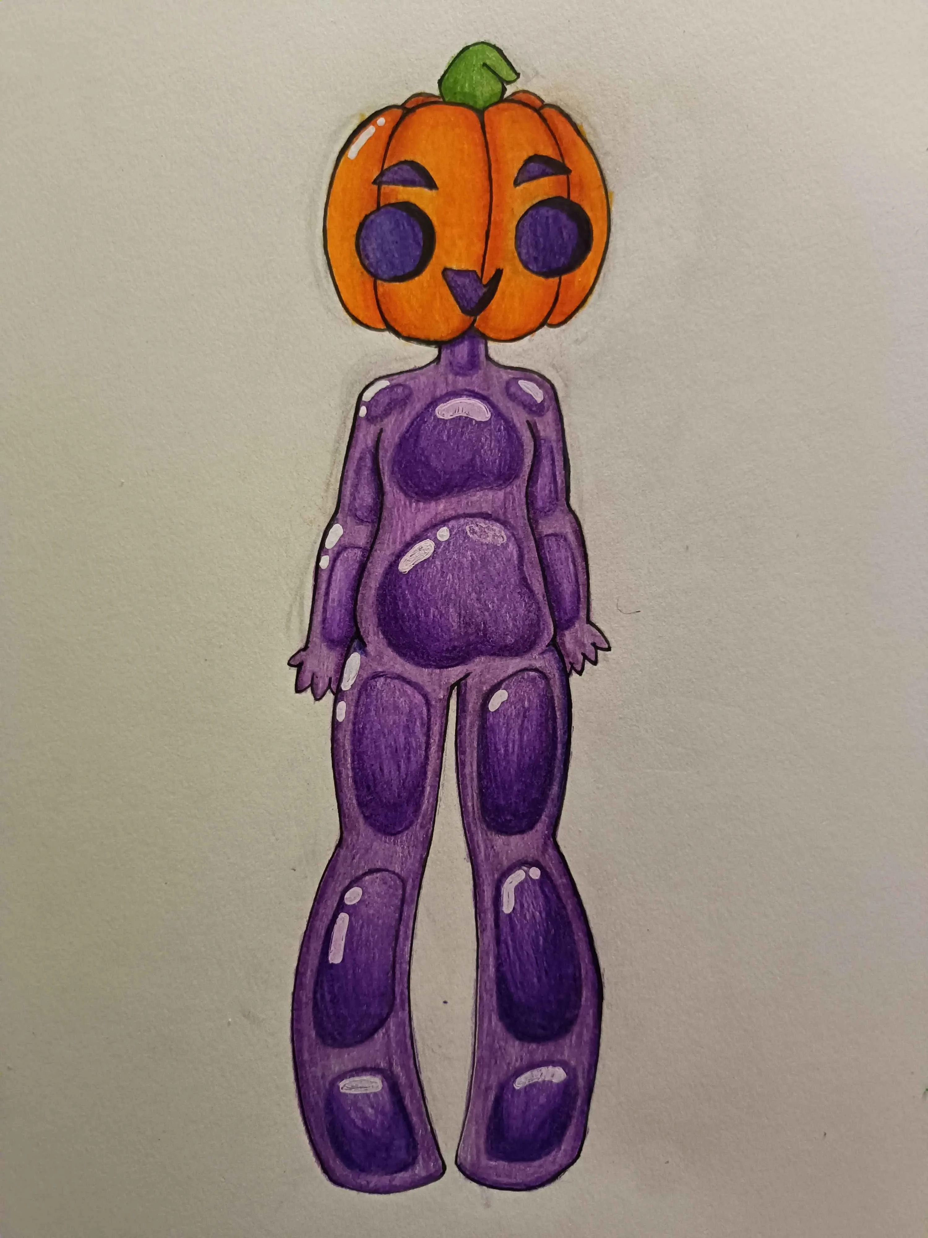 purple slime girl with a pumpkin on her head. A big smile, eyes, and eyebrows are carved into the pumpkin