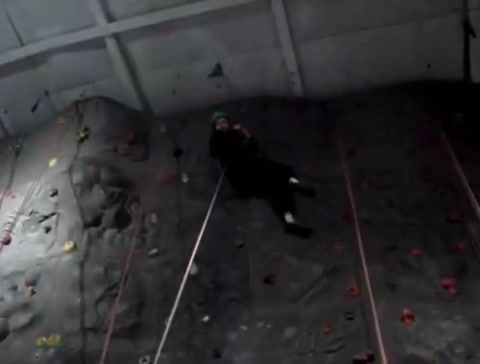 my friend reaching the top of a rock climbing wall!