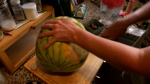 cutting open a orange watermelon